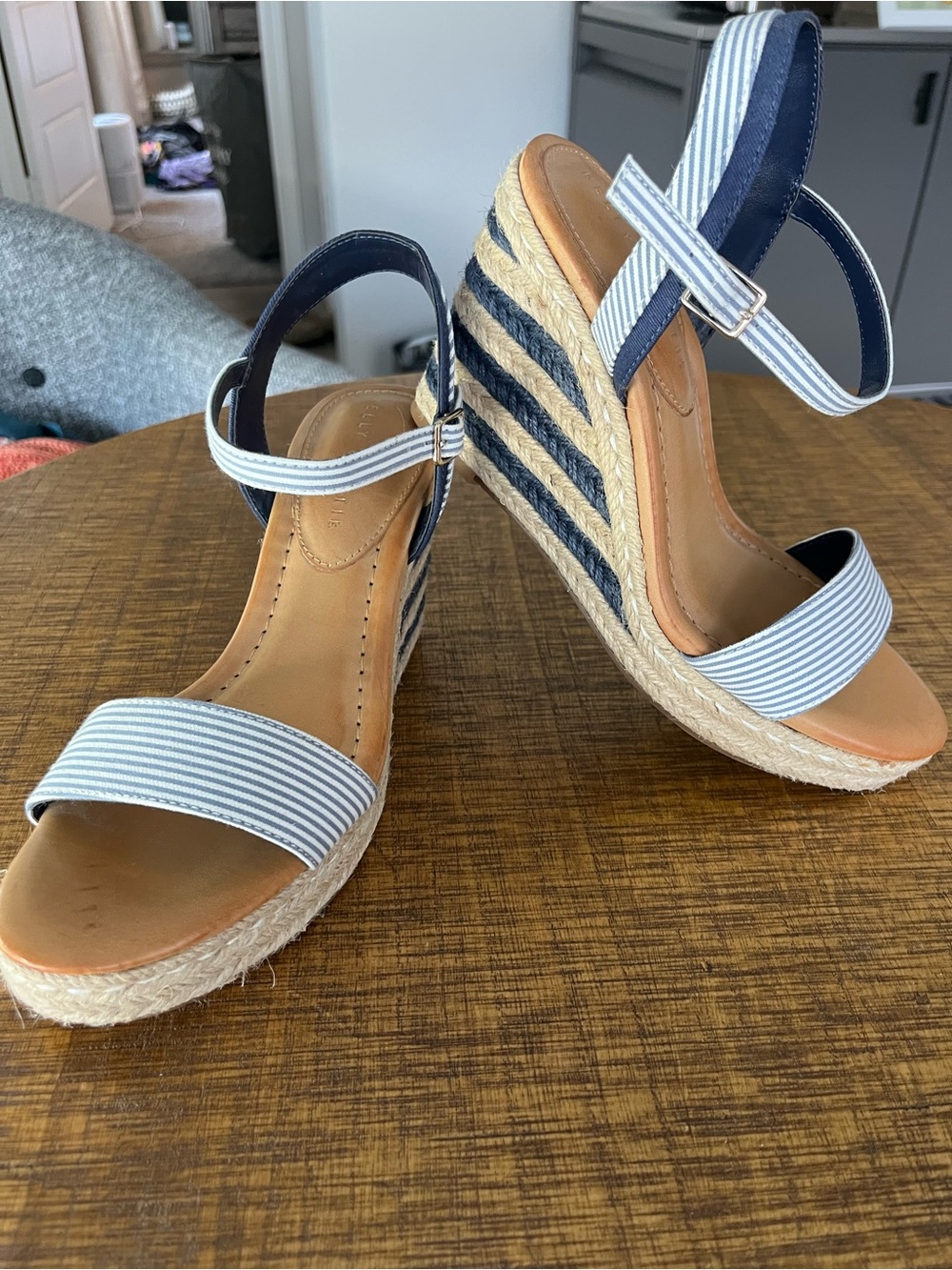 Kelly & Katie Navy and White Striped Espadrille Wedge Sandals